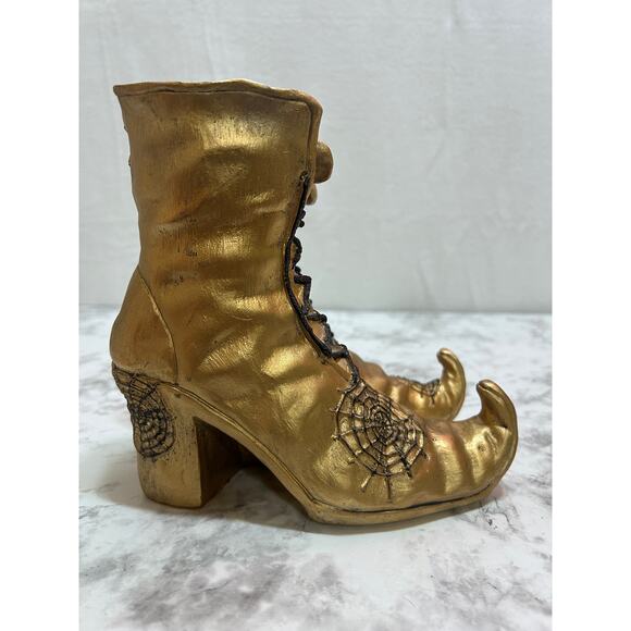 Witchy Centerpiece Halloween 7.5" Gold Boots Decor Laces Spiderwebs Whimsical - Picture 6 of 8